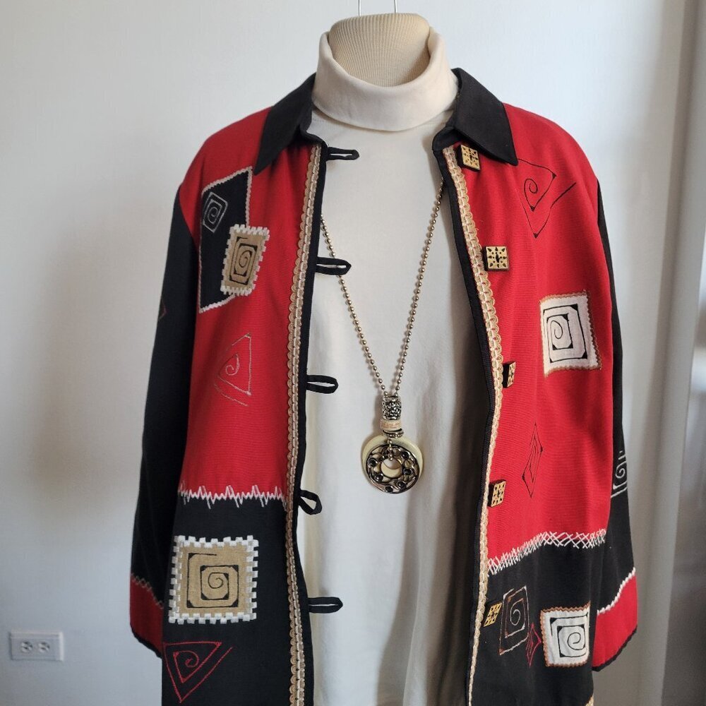 COLDWATER CREEK Red & Black Cotton Casual Jacket W/Appliqué Stitching (Size: S) - Picture 10 of 15